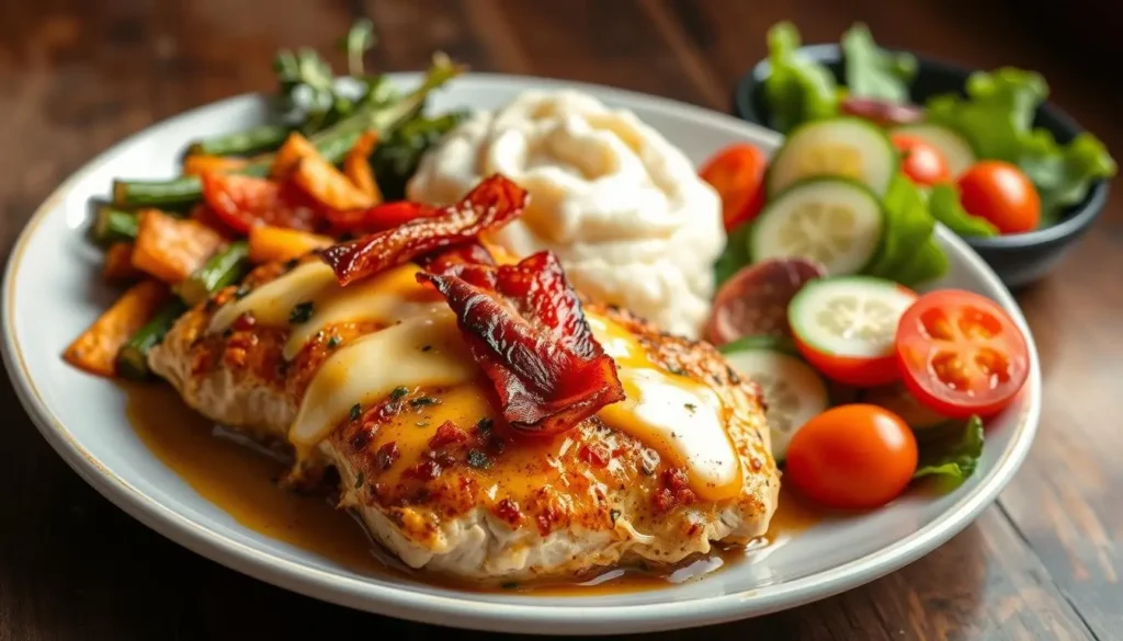 Chicken served with mashed potatoes, roasted vegetables, and a garden salad.