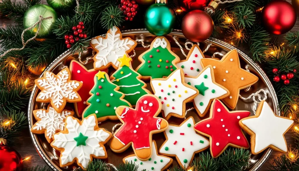 A variety of Christmas-themed cookies, including gingerbread men, spritz cookies, and peppermint meltaways.
