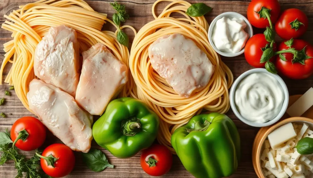 A pot of bubbling Velveeta cheese sauce being stirred with a wooden spoon, surrounded by fresh ingredients like diced chicken and spaghetti.
