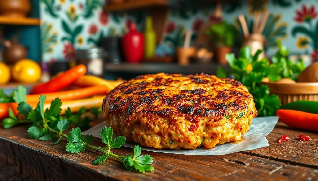 A freshly baked golden Jamaican beef patty with a flaky crust, resting on a wooden plate, surrounded by vibrant herbs and spices.