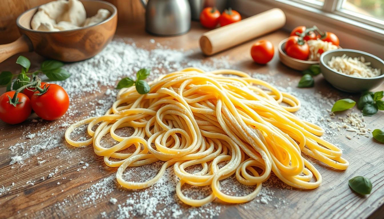 Freshly rolled sourdough pasta noodles dusted with flour on a rustic wooden countertop, surrounded by fresh ingredients like tomatoes and basil.