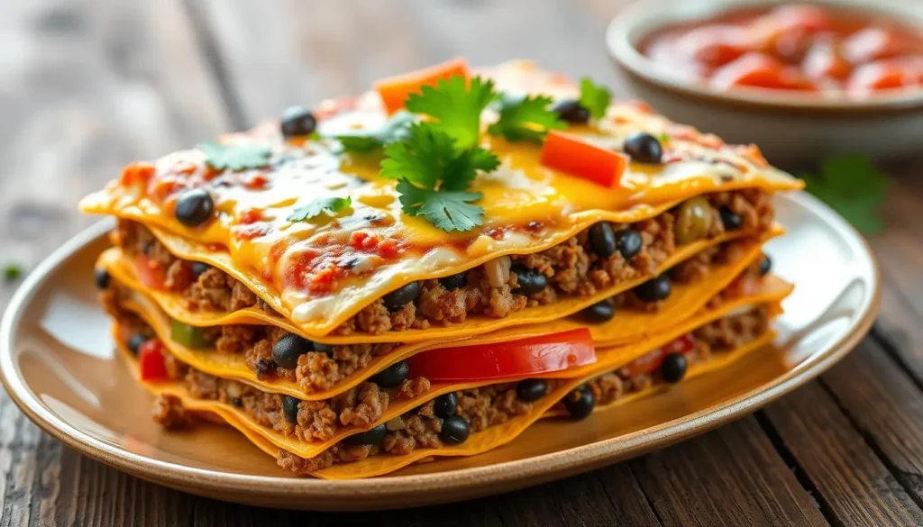 A flat lay of taco lasagna ingredients, including tortillas, ground beef, shredded cheese, taco seasoning, diced tomatoes, black beans, and fresh cilantro arranged on a wooden surface.