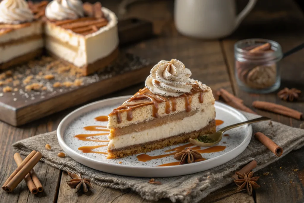 Churro cheesecake with a cinnamon sugar topping served on a plate