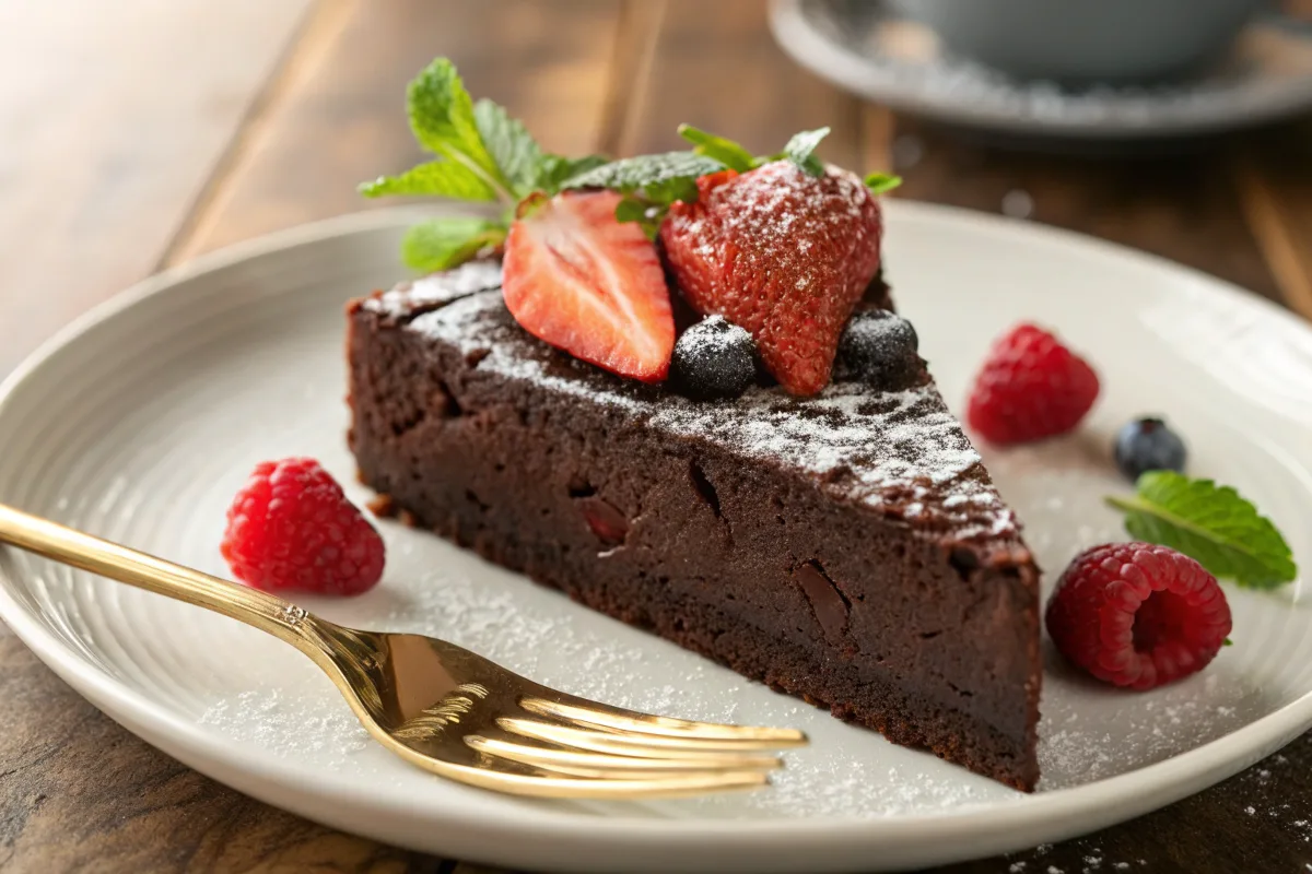 A luxurious slice of gluten-free chocolate cake with fresh berries and powdered sugar