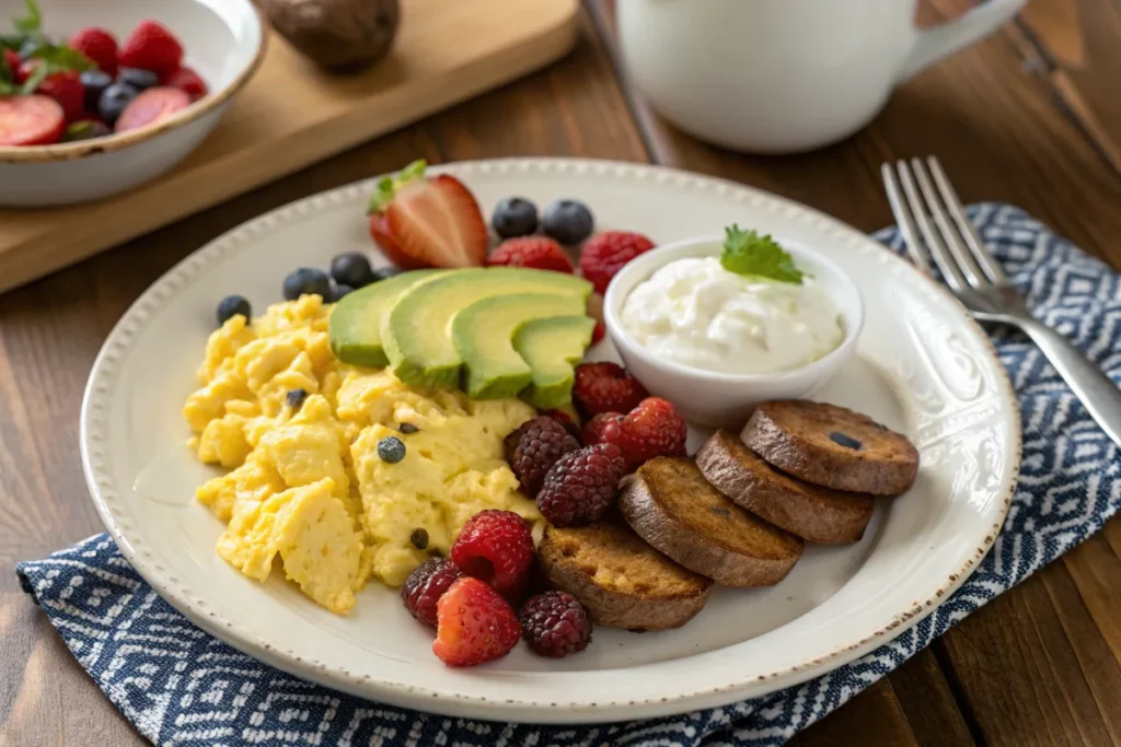 High protein breakfast with eggs, turkey sausage, and avocado