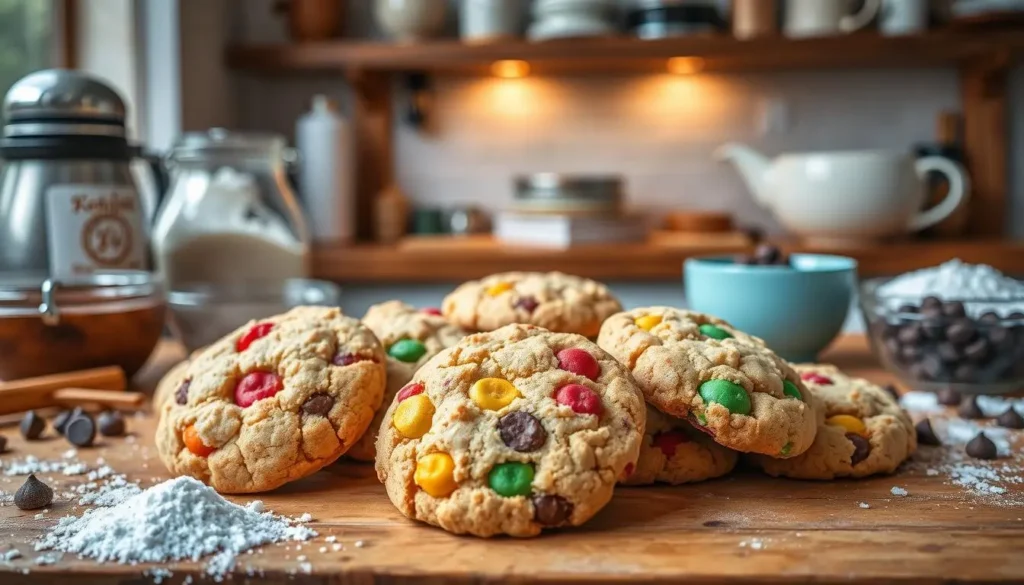 Freshly baked Crumbl cookies with a soft, gooey center and golden edges, displayed on a rustic wooden countertop.