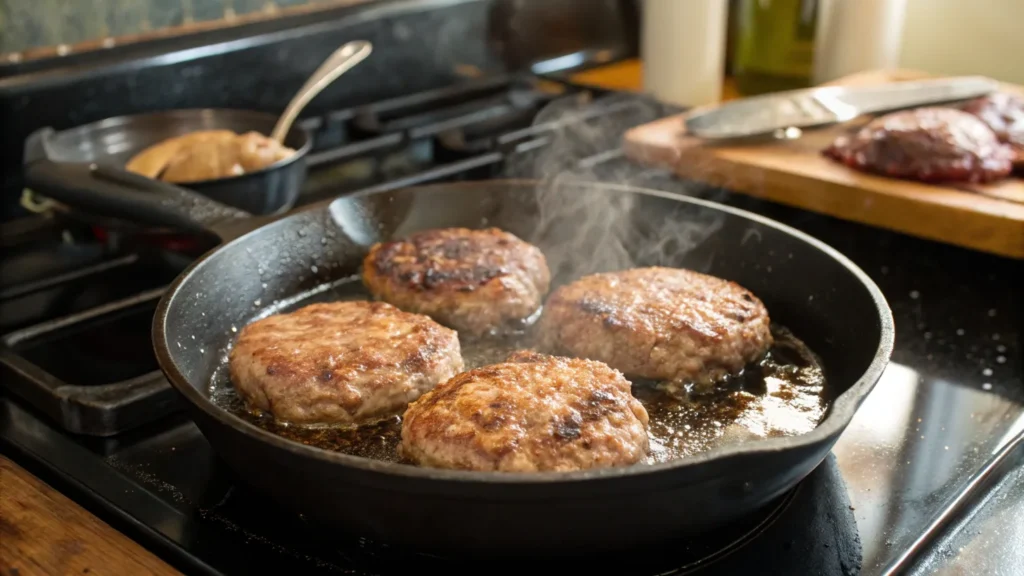 Venison sausage patties cooking in a skillet