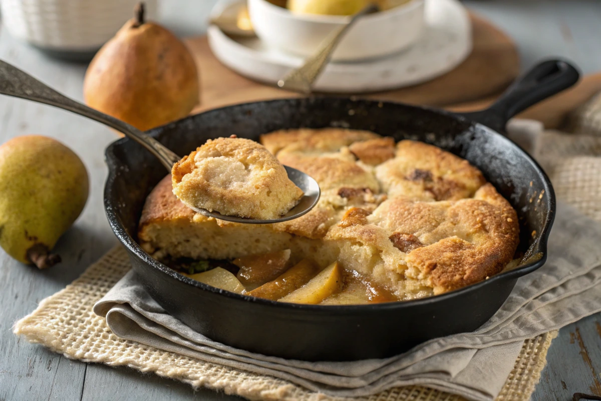 Classic pear cobbler with golden crust and caramelized pears