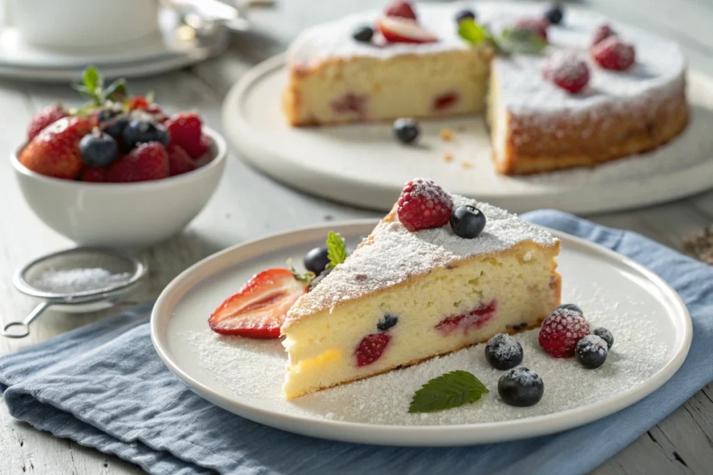 Classic ricotta cake slice with powdered sugar and berries.