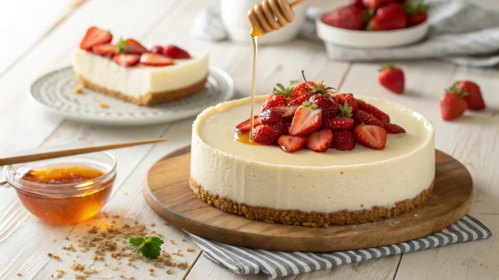 No-bake ricotta cheesecake with fresh strawberries and honey drizzle. ricotta dessert recipes