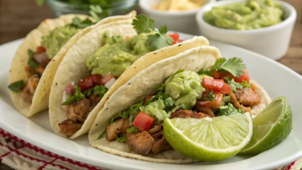 Tacos topped with fresh homemade guacamole.