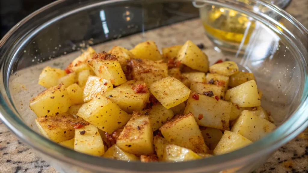 Diced potatoes being seasoned for air frying.