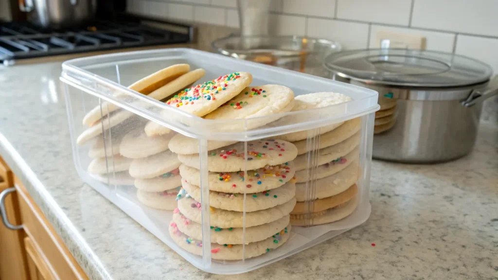 Sugar cookies stored in an airtight container.