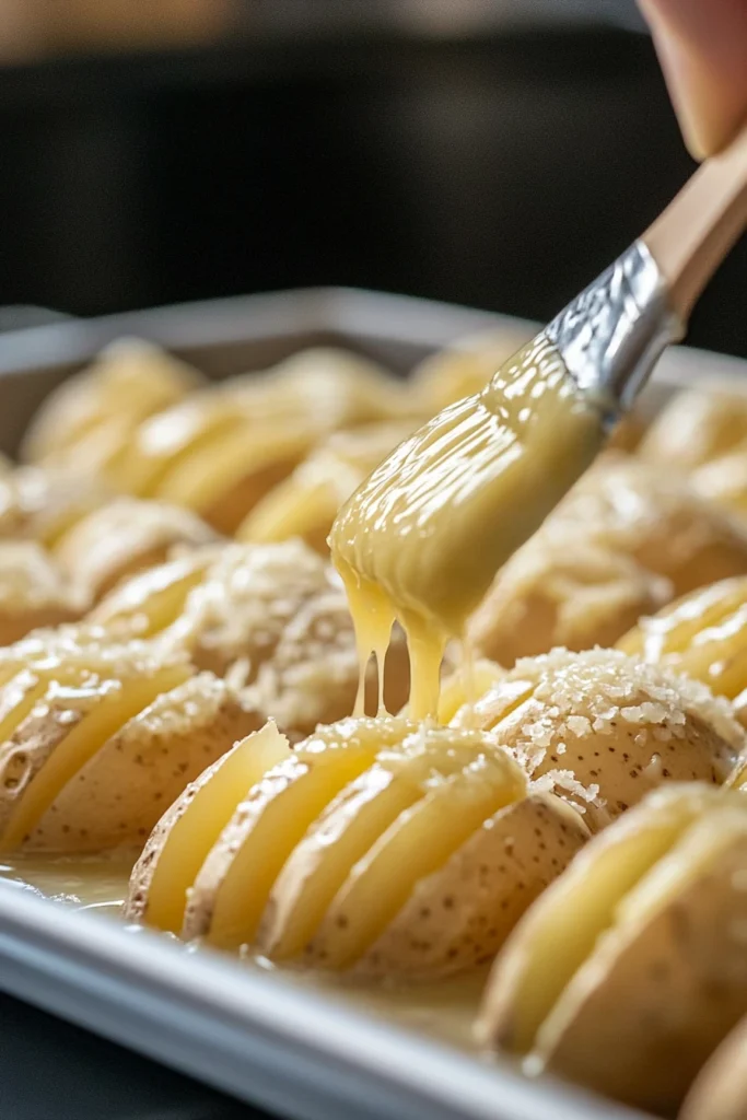 Brushing garlic butter onto Hasselback potatoes before baking.