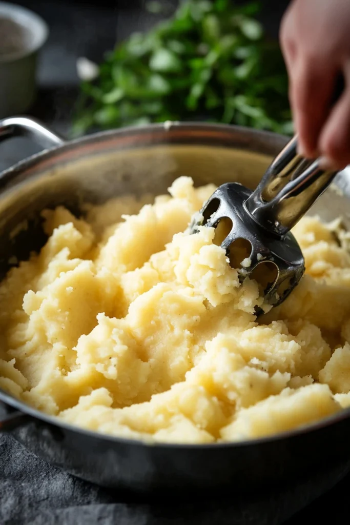 Mashing boiled potatoes with olive oil